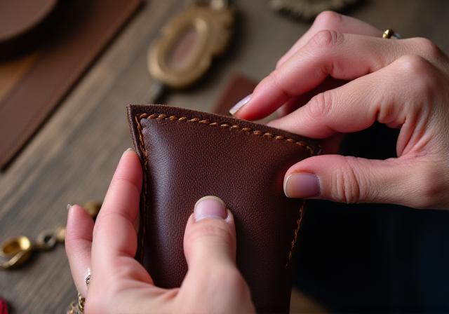 Hands stitching leather wallet