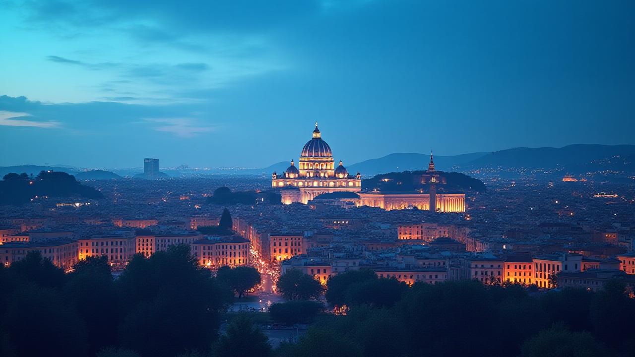 Panoramic view of Rome at dusk with overlayed digital data points